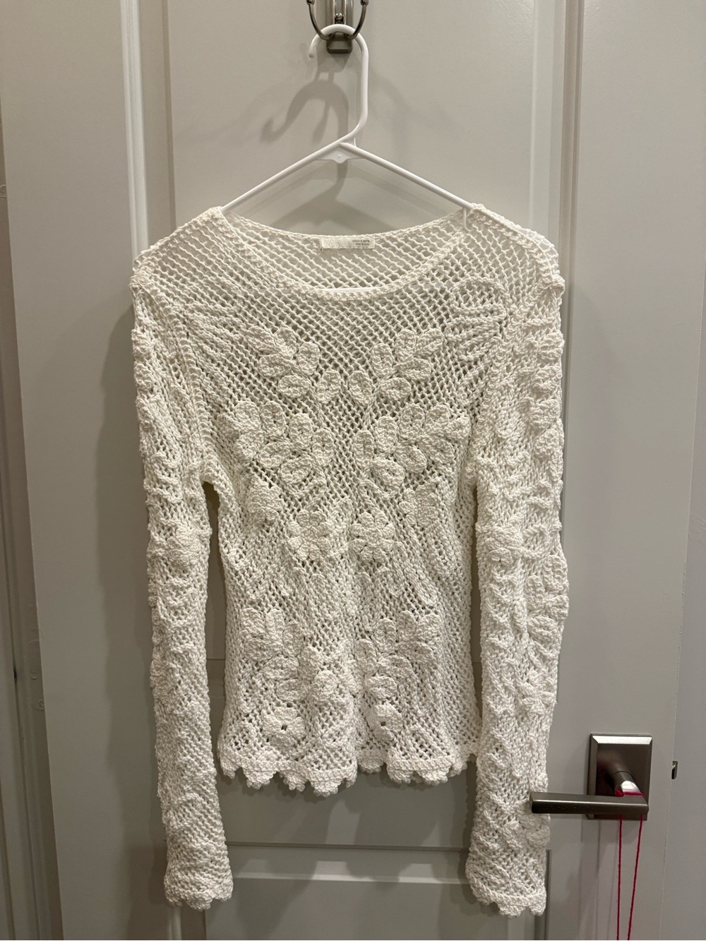 Zara Cream Crochet Knit Long-Sleeve Top